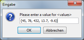 Input   dialog, filled with an array initialisation