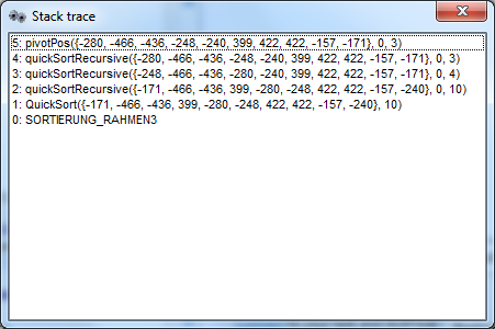 Displayed Call stack for a QuickSort solution