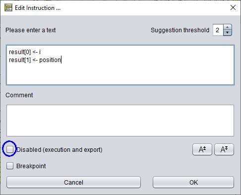 Element editor with checkbox "Disabled..." schowing the individual status