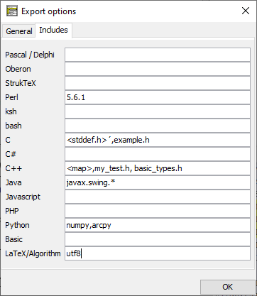 Export options dialog