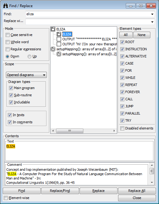 Find & Replace dialog with menomics