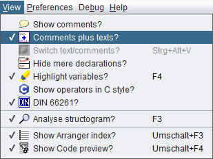 View menu with comment options