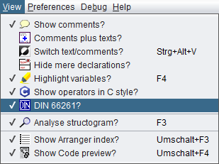 View menu with DIN 66261 selected
