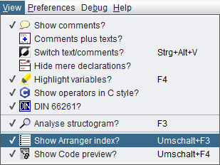 Menu View with Show Arranger index selected