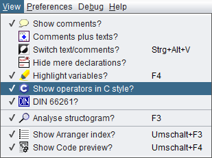 View menu with C-style menu item selected