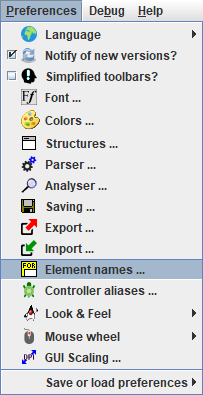 Preferences menu with Element names item